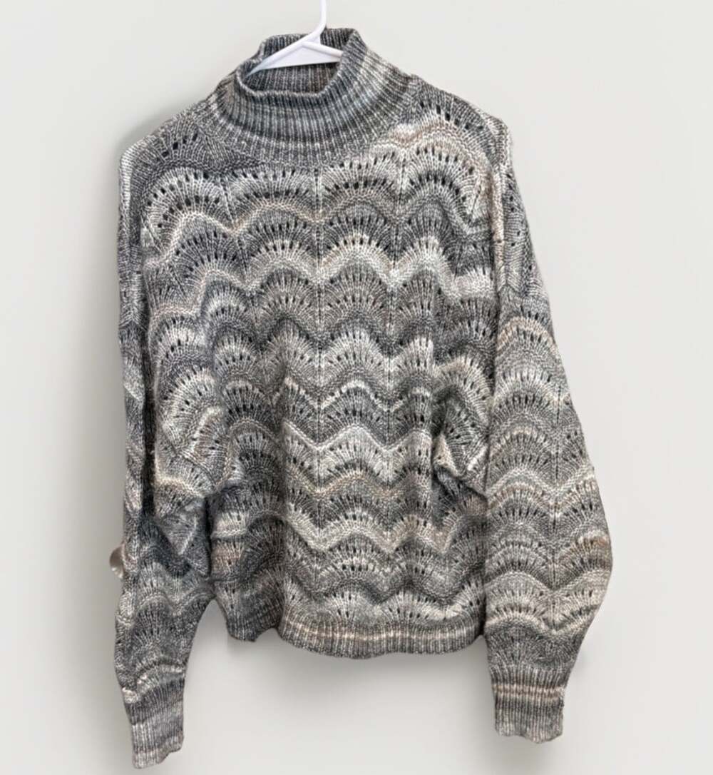 Y2K Chevron Wavy Pointelle MockNeck Sweater Grays&Brown Cabincore Granny Boho S